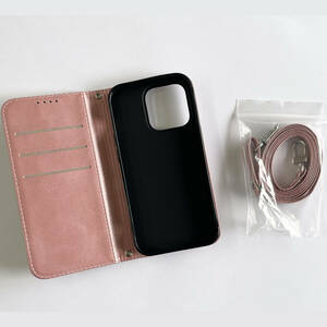 ◆iPhone14Pro ケース 手帳型 PUレザー カバー ショルダー カード収納 ローズゴールド