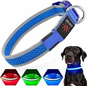 ◆光る首輪 犬 散歩 夜 ライト LED 超明るい USB充電式, サイズ調整可能 光る首輪 反射光 夜 ペット首輪 軽量 濃紺 L