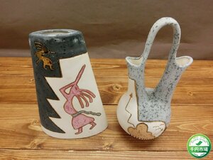 【Y-9903】U.S.A ARIZONA MARBELE CANYON POTTERY フラワーベース 花瓶 花器 飾り 壺 2点 セット まとめ 現状品【千円市場】