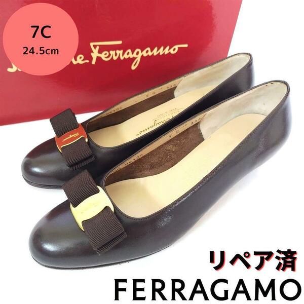 美品箱付き☆フェラガモ【Ferragamo】ヴァラ パンプス ダークブラウン