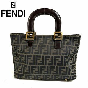 【美品】FENDI フェンディ ズッカ キャンバス レザー ハンドル ハンドバッグ ブラウン イタリア製