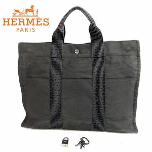 HERMES エルメス エールライン MM キャンバス ハンドバッグ トートバッグ シルバー金具 A4収納可 グレー フランス製 カデナ付き 美品