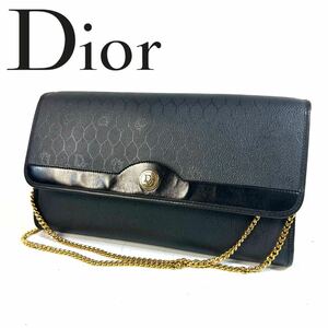 ChristianDior クリスチャンディオール PVC レザー ショルダーバッグ ゴールドチェーン ハニカム柄 ネイビー ゴールド金具 フランス製