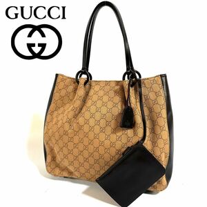 【美品】GUCCI グッチ キャンバス レザー GG柄 肩掛け トート ハンドバッグ ポーチ付 101920 ブラウン A4可能 イタリア製