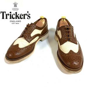 【美品】Tricker’s トリッカーズ キャンバス レザー ダービー ブローグ ウイングチップ VIBRAMソール UK7.5 ブラウン 英国製