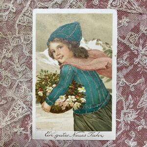 89/4 * antique Vintage postcard * picture postcard Marie Flatscher girl muffler . rose .