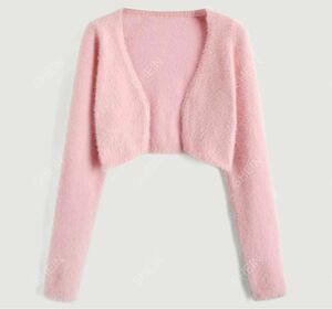 SHEIN MOD カーディガン 前開き ボレロ クロップド ショート丈 ピンク ファー