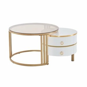 Центральный стол с вращающимся коричневым стеклянным стеклянным хранением с ящиком включает в себя круглый тип типа 2 кусочки белого + золото