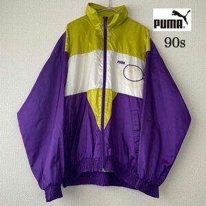 PUMA 90s ナイロンジャケット ロゴ刺繍 紫 黄色 白 銀タグ　