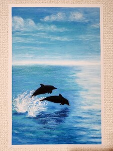 Art hand Auction 파스텔 페인팅, 돌고래, 풍경화, 미술, 동물 그림, 바다 그림, 삽화, 그림, 파스텔 그림, 크레용 그리기