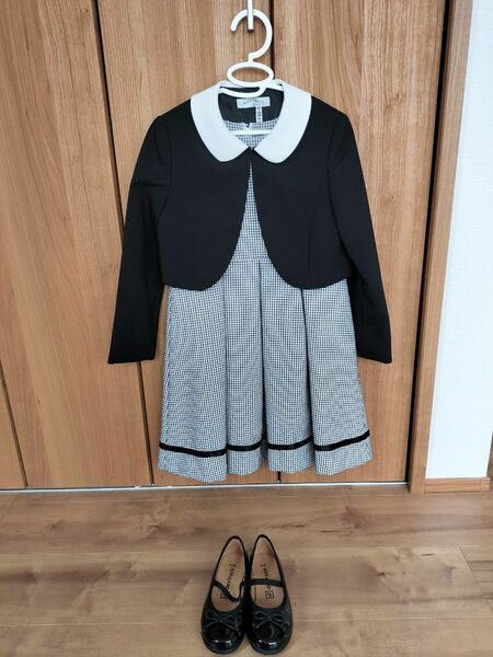 【一回のみ着用】入学式用　子供ドレス（黒チェック）　靴付属　フォーマル　女の子