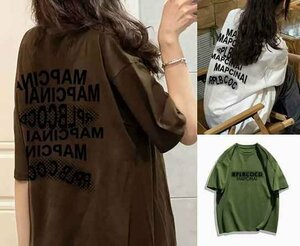 全4色 半袖Ｔシャツ 切り替え 体型カバー 着痩せ LOGO ロゴ 英字 【大きいサイズあり】 カジュアル L グリーン