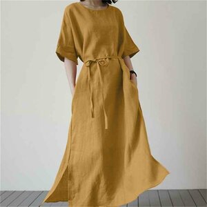 綿麻 大きいサイズ 半袖 スリム ロングスカート スプリット ワンピース 2XL ブルー