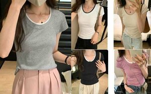 全5色 半袖Ｔシャツ ショート丈 切り替え スリム 着痩せ シンプル L ベージュ