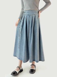 デニムスカート ロングスカート リボン付き デザイン 着痩せ 韓国ファッション 2colors フリー ダークブルー