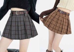 ミニスカート チェック柄 格子柄 ギンガムチェック 学生服風 かわいい ボトムス 秋冬 M ブラウン