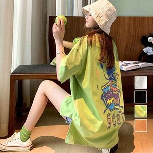 プリントＴシャツ チュニックロンＴ 半袖 オーバーサイズ カットソー ワンサイズ グリーン