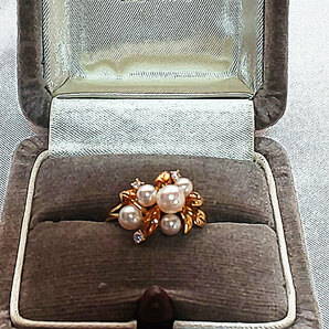 MIKIMOTO ミキモト リング 指輪 パール 真珠 ダイヤ K18 イエローゴールド リーフ ヴィンテージ18金 アンティーク ケース付きの画像1