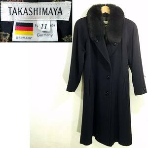 TAKASHIMAYAフォックスファー付きロングコート11号(L)ダークネイビー×ブラック高島屋ドイツ製ウール アルパカ濃紺×黒2つボタンFOX毛皮