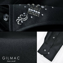 36741-2 GILMAC イタリアンカラー クラウン王冠 襟ラインストーン 長袖サテンドレスシャツ メンズ(ブラック黒) M スキッパー_画像5