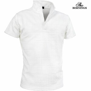 342442-01 ポロシャツ イタリアンカラー パイル素材 タオル地 スキッパー 半袖 襟ワイヤー ストレッチ メンズ(ホワイト白) シンプル M