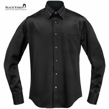 21170-2bk BlackVaria 襟レース ストーン風装飾ボタン ドレスシャツ パウダーサテン メンズ(ブラックレース黒シャツ) L パーティー 上品_画像2