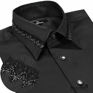 21170-2bk BlackVaria 襟レース ストーン風装飾ボタン ドレスシャツ パウダーサテン メンズ(ブラックレース黒シャツ) M パーティー 上品