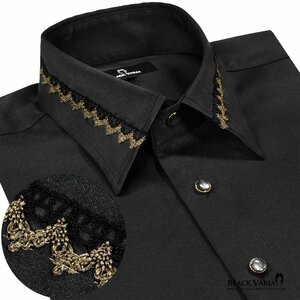 21170-5bk BlackVaria 襟レース ストーン風装飾ボタン ドレスシャツ パウダーサテン メンズ(ゴールドレース黒シャツ) M パーティー 上品