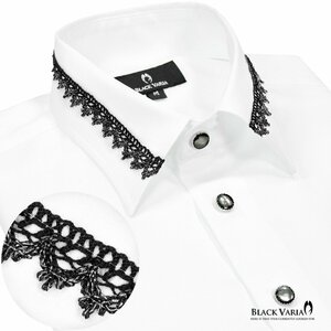 21170-2wh BlackVaria 襟レース ラインストーンボタン ドレスシャツ パウダーサテン メンズ(ブラックレース白シャツ) L パーティー 上品