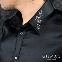 36741-2 GILMAC イタリアンカラー クラウン王冠 襟ラインストーン 長袖サテンドレスシャツ メンズ(ブラック黒) S スキッパー_画像2