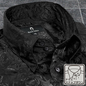 161222-bk BLACK VARIA ドゥエボットーニ 光沢ローズ花柄 織柄 スナップダウン 長袖シャツ メンズ(ブラック黒) S フォーマル