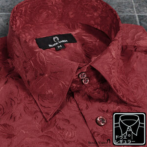 a161222-win BlackVaria ドゥエボットーニ 花柄 薔薇 ジャガード レギュラーカラー サテン ドレスシャツ メンズ(ワインレッド赤) 3L 衣装