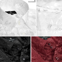 a161222-wh BlackVaria ドゥエボットーニ 花柄 薔薇 ジャガード レギュラーカラー サテン ドレスシャツ メンズ(ホワイト白) M パーティー_画像3