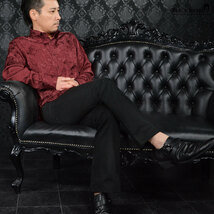 a161222-win BlackVaria ドゥエボットーニ 花柄 薔薇 ジャガード レギュラーカラー サテン ドレスシャツ メンズ(ワインレッド赤) 3L 衣装_画像6