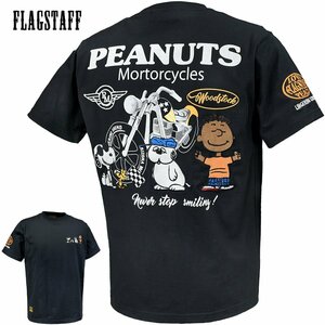 432037-20 FLAG STAFF SNOOPY PEANUTS スヌーピー 半袖Tシャツ クルーネック ジョークール オラフ バイク メンズ(ブラック黒) L