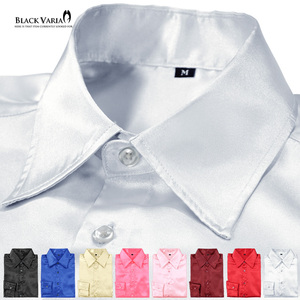 ネコポス可★141405-si BLACK VARIA 光沢サテン 無地 スリム レギュラーカラードレスシャツ メンズ(シルバー銀ホワイト白) XL 衣装