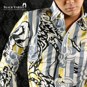 935048-gy [SALE] BLACK VARIA 和柄 ゴールド箔 太ストライプ 黒海老 雲 コットン レギュラーカラーシャツ メンズ(白グレー黒金) L 派手