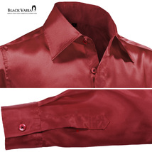 ネコポス可★141405-re BLACK VARIA 光沢サテン 無地 スリム レギュラーカラードレスシャツ メンズ(ワインレッド赤) M 衣装_画像5
