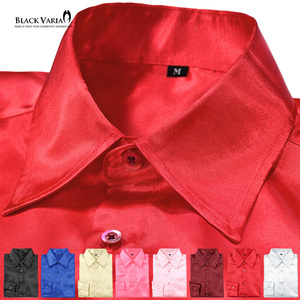 ネコポス可★141405-re2 BLACK VARIA 光沢サテン 無地 スリム レギュラーカラードレスシャツ メンズ(ハイレッド赤) XL 衣装