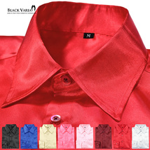 ネコポス可★141405-re2 BLACK VARIA 光沢サテン 無地 スリム レギュラーカラードレスシャツ メンズ(ハイレッド赤) S 衣装_画像1