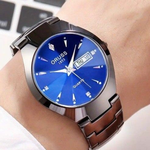 メンズ腕時計 新品未使用 ORUSS アナログ クォーツ ステンレススチール ファッション時計 スタイリッシュ ブルー&ブラック