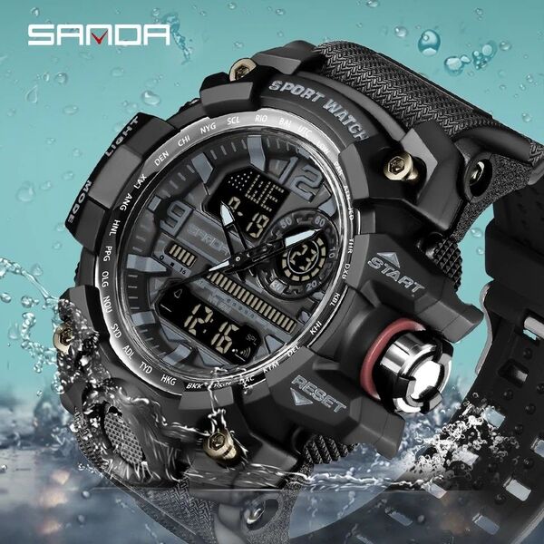 メンズ腕時計 デジアナ SANDA ウォッチ アナデジ アナログ デジタル ダイバーズ 防水50M 新品未使用 ALL Black