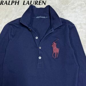 RALPH LAUREN 長袖 鹿の子地　ストレッチ　ネイビー 紺 レディース M ラルフローレン送料230円