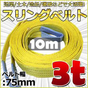 スリングベルト 10m 幅75mm 使用荷重3t ベルトスリング 繊維ベルト 吊りベルト クレーンベルト 帯ベルト 吊り上げ 建設機械 船舶 運搬作業