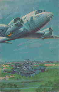 カラー絵葉書★戦前モノ「飯塚羚児・絵　旅客機ダグラス型富士号　幼年倶楽部付録エハガキ」