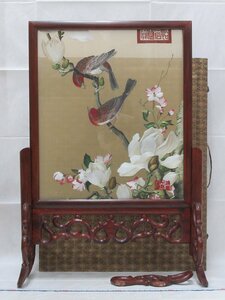 P1975 中国 刺繍 花鳥図 床飾 置物 中国美術 共箱