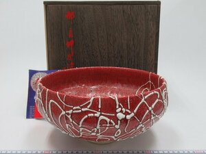 D1140 ?良坤 赤釉 鉢 径26cm 茶道碗 菓子鉢 保証書 中国美術 共箱