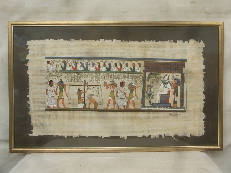 E2693 Papyrus Painting Signed God Statue Framed Horizontal Egyptian Art, artwork, painting, others