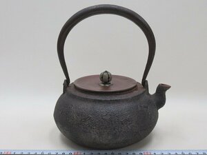 D1266 宝尽し地紋 鉄瓶 唐銅蓋 湯沸し 鉄器 茶道具 1.55kg