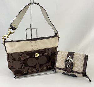 【1円出品】F0425 COACH コーチ 2点セット 11688 シグネチャー ワンショルダー ハンドバッグ 2つ折り財布 キャンバス レザー ウォレット